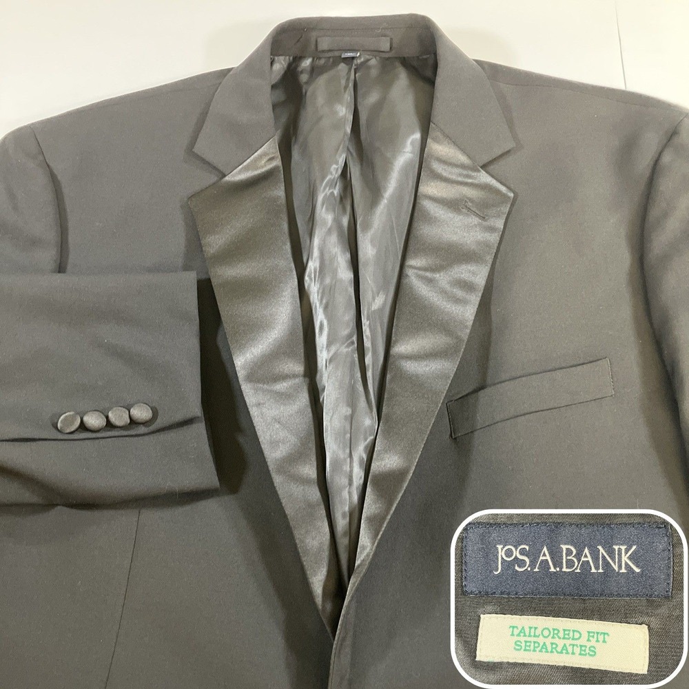 Jos A Bank Tuxedo Jacket Mens 50R Black Wool Tailored Fit Satin Lapel Formal